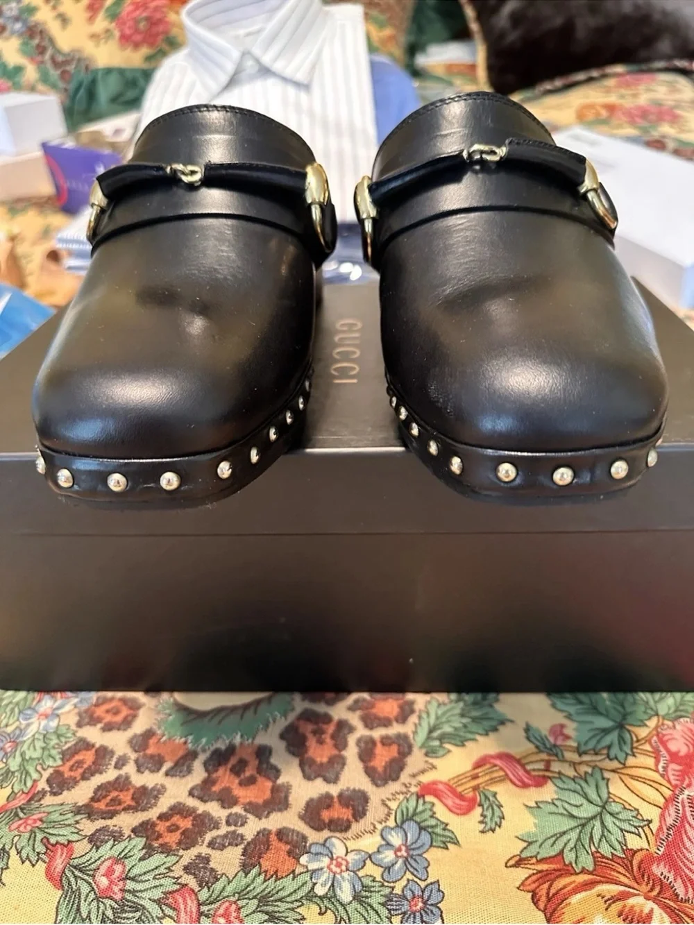 Gucci Black Leather Platform Slide Sandals with Gold Hardware